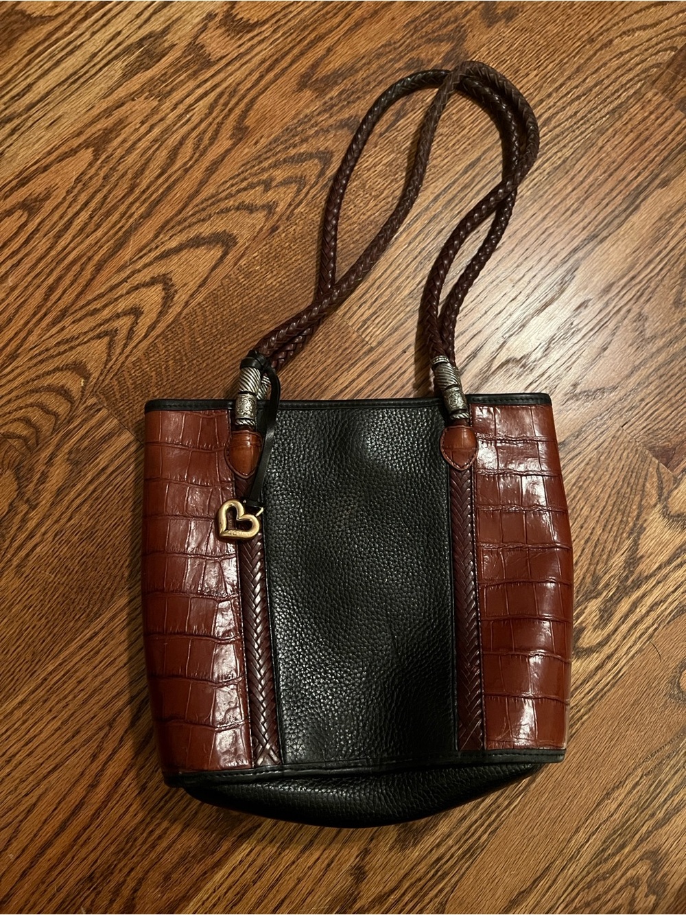 Two-Tone Black and Brown Croc-Embossed Shoulder Tote
